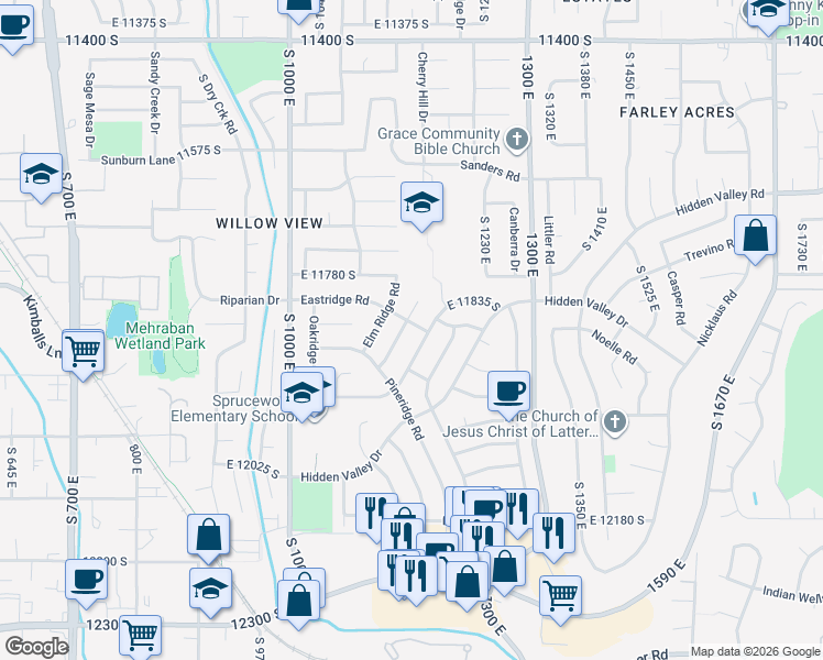 map of restaurants, bars, coffee shops, grocery stores, and more near 11845 Maple Ridge Circle in Sandy