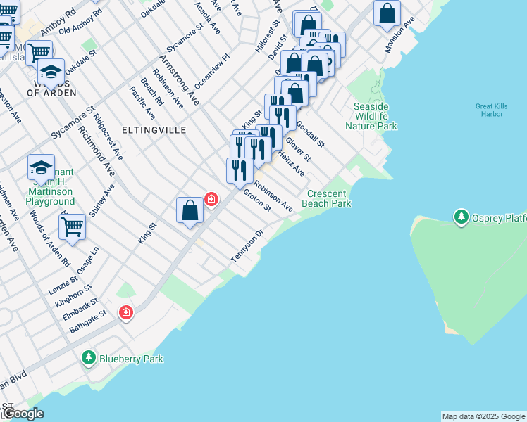 map of restaurants, bars, coffee shops, grocery stores, and more near 59 Groton Street in Staten Island