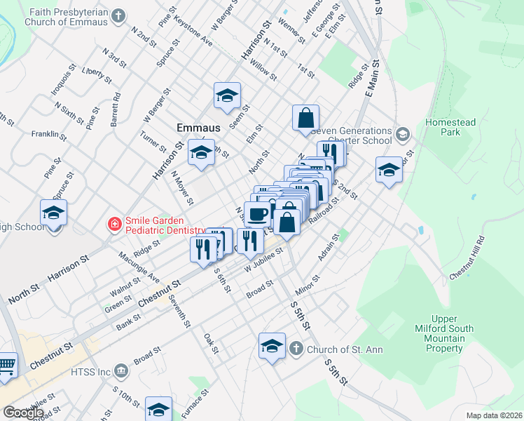map of restaurants, bars, coffee shops, grocery stores, and more near 423 Ridge Street in Emmaus