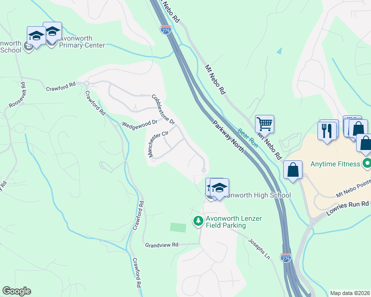 map of restaurants, bars, coffee shops, grocery stores, and more near 229 Cobblestone Drive in Pittsburgh