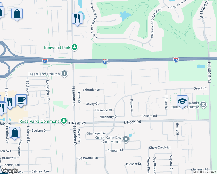 map of restaurants, bars, coffee shops, grocery stores, and more near 1812 Partridge Point in Normal