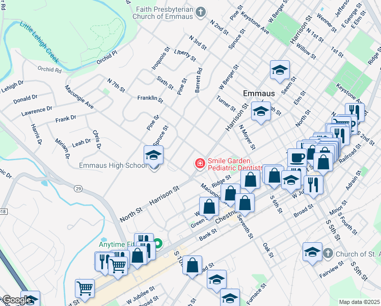 map of restaurants, bars, coffee shops, grocery stores, and more near 727 West Greenleaf Street in Emmaus