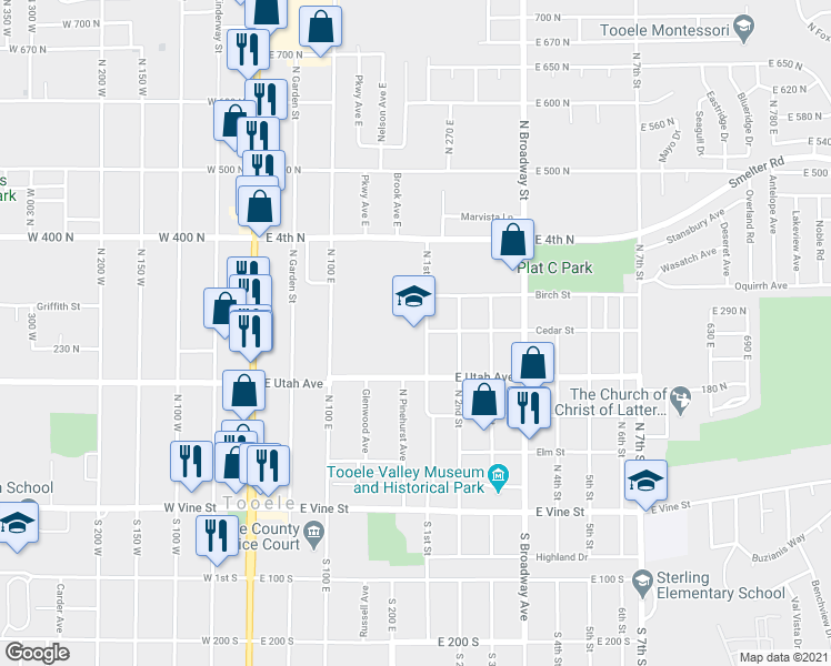 map of restaurants, bars, coffee shops, grocery stores, and more near 251 North 1st Street in Tooele