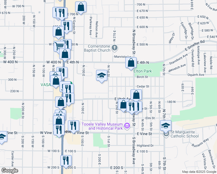 map of restaurants, bars, coffee shops, grocery stores, and more near 251 North 1st Street in Tooele