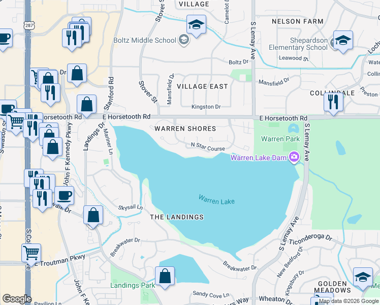 map of restaurants, bars, coffee shops, grocery stores, and more near 813 Commodore Place in Fort Collins