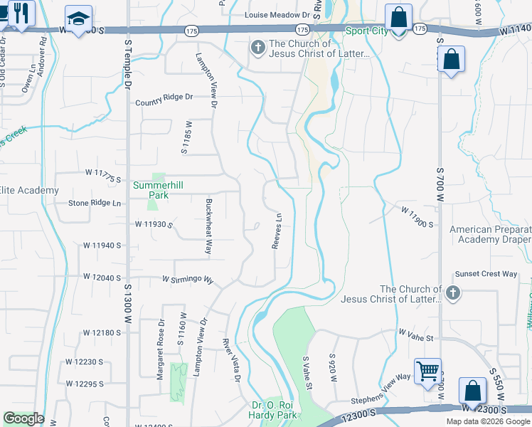 map of restaurants, bars, coffee shops, grocery stores, and more near 11832 Reeves Lane in Riverton