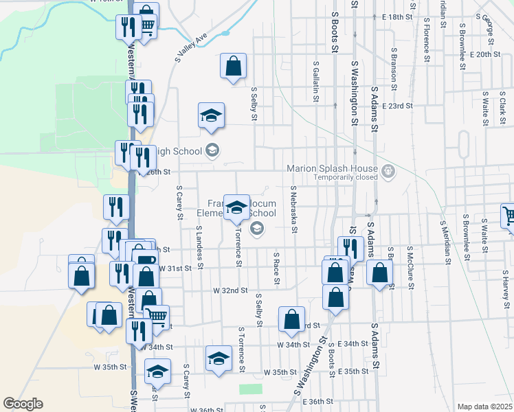map of restaurants, bars, coffee shops, grocery stores, and more near 2909 South Torrence Street in Marion