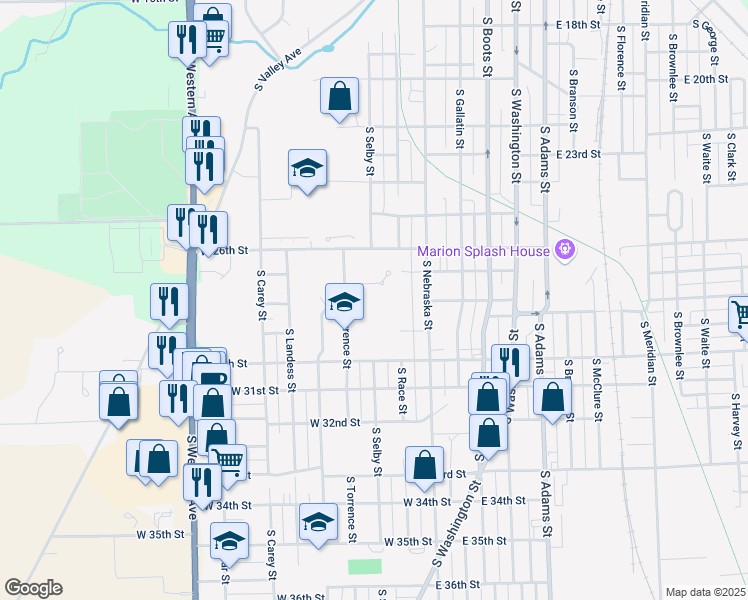 map of restaurants, bars, coffee shops, grocery stores, and more near 2909 South Torrence Street in Marion