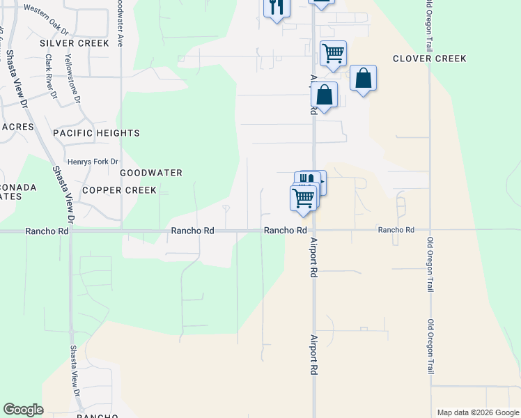 map of restaurants, bars, coffee shops, grocery stores, and more near 3478 Rancho Road in Redding