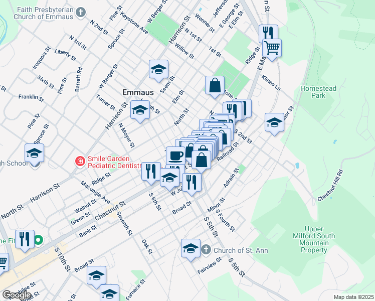 map of restaurants, bars, coffee shops, grocery stores, and more near 29 North 4th Street in Emmaus