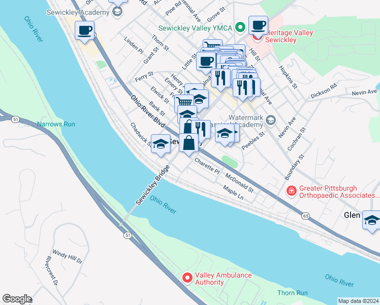 map of restaurants, bars, coffee shops, grocery stores, and more near 526 Ohio River Boulevard in Sewickley