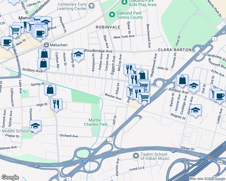 map of restaurants, bars, coffee shops, grocery stores, and more near 29 Ethel Place in Metuchen