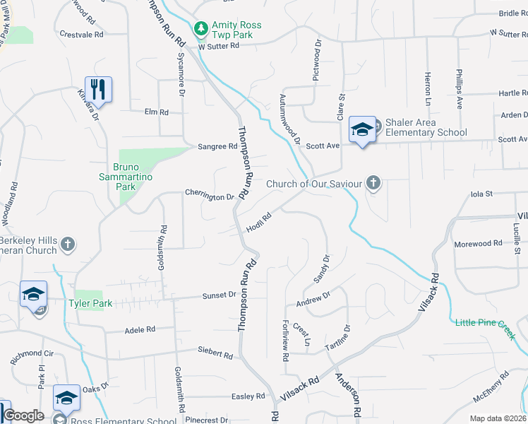 map of restaurants, bars, coffee shops, grocery stores, and more near 108 Horizon Drive in Pittsburgh