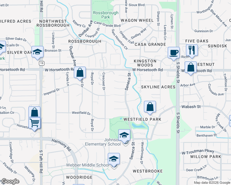 map of restaurants, bars, coffee shops, grocery stores, and more near 1545 Corydalis Court in Fort Collins