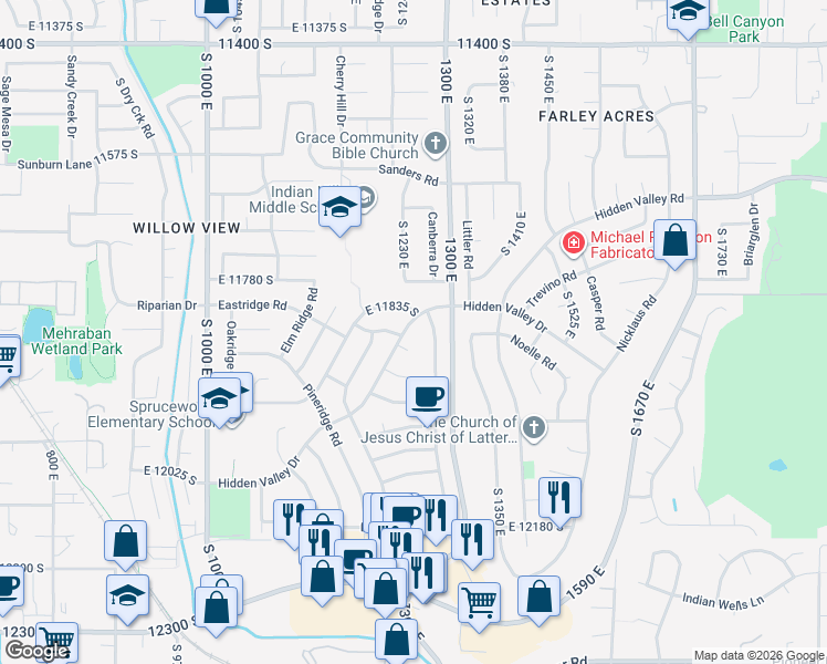 map of restaurants, bars, coffee shops, grocery stores, and more near 11855 South Hidden Valley Drive in Sandy
