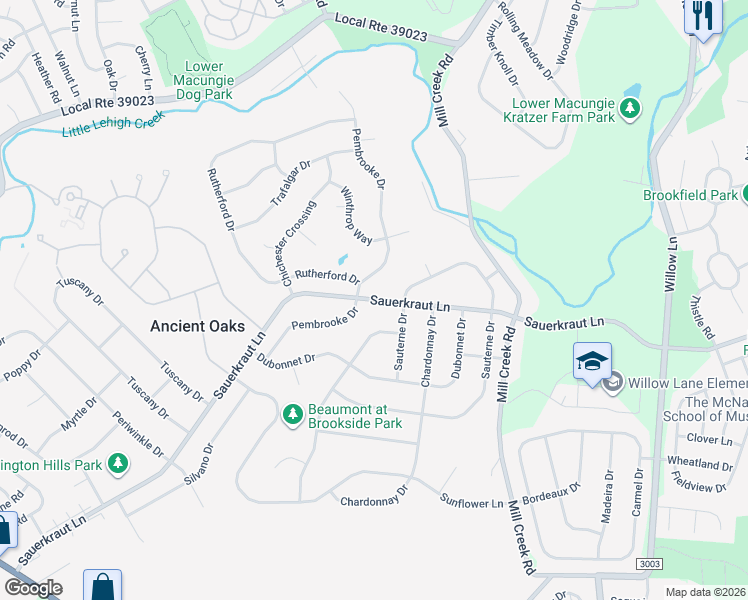 map of restaurants, bars, coffee shops, grocery stores, and more near 6633 Sauerkraut Lane in Macungie