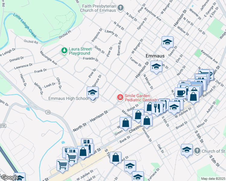 map of restaurants, bars, coffee shops, grocery stores, and more near 703 West Greenleaf Street in Emmaus