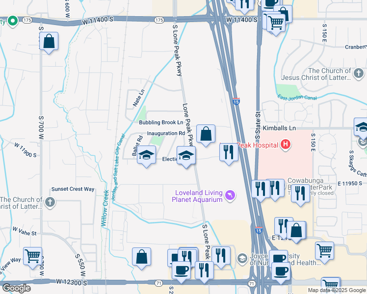 map of restaurants, bars, coffee shops, grocery stores, and more near 11865 Landou Drive in Draper