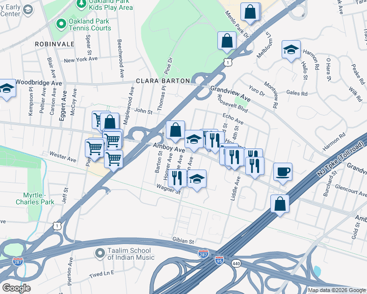map of restaurants, bars, coffee shops, grocery stores, and more near 1 Lafayette Avenue in Edison