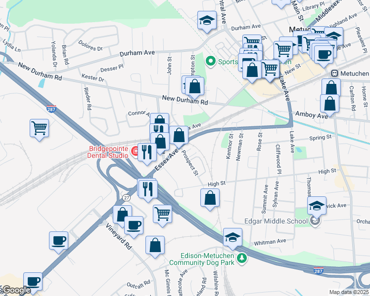 map of restaurants, bars, coffee shops, grocery stores, and more near 2 Prospect Street in Metuchen