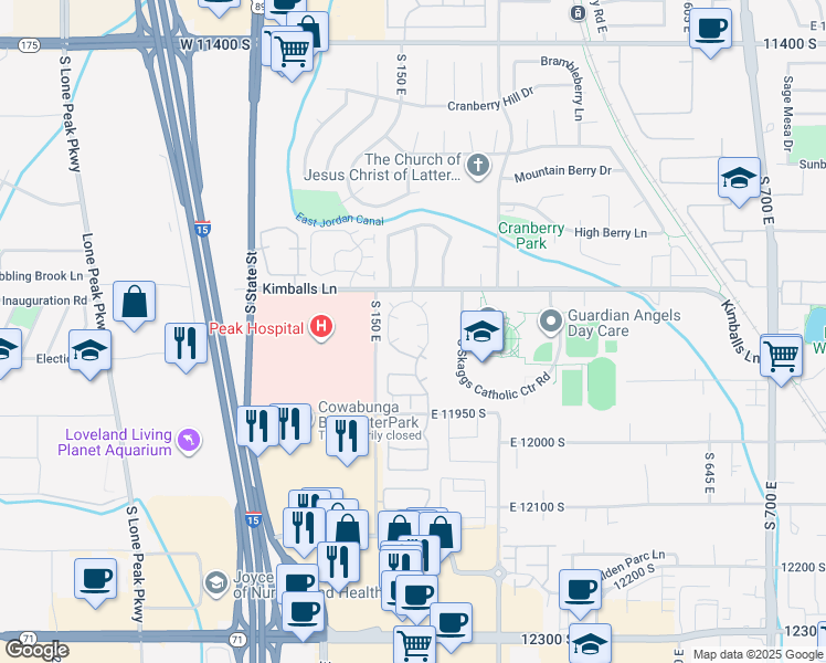 map of restaurants, bars, coffee shops, grocery stores, and more near 11832 Cottage View Lane in Draper