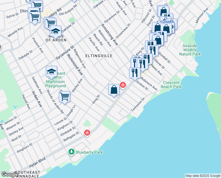 map of restaurants, bars, coffee shops, grocery stores, and more near 144 Winchester Avenue in Staten Island