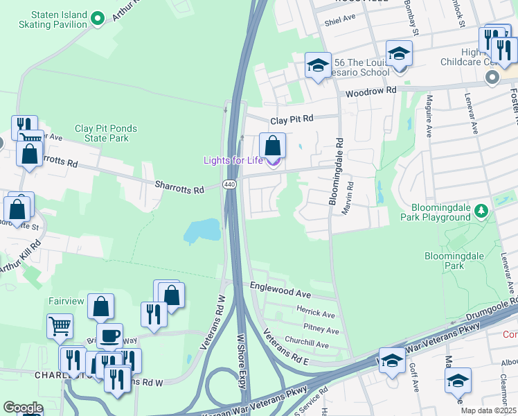 map of restaurants, bars, coffee shops, grocery stores, and more near 57 Darnell Lane in Staten Island
