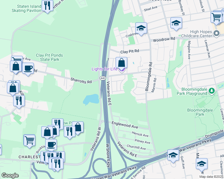 map of restaurants, bars, coffee shops, grocery stores, and more near 57 Darnell Lane in Staten Island