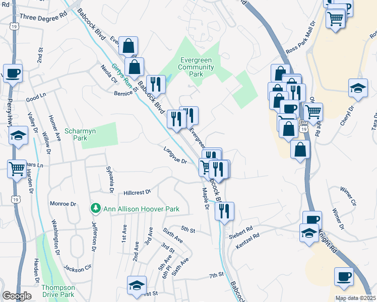 map of restaurants, bars, coffee shops, grocery stores, and more near 3372 Babcock Boulevard in Pittsburgh