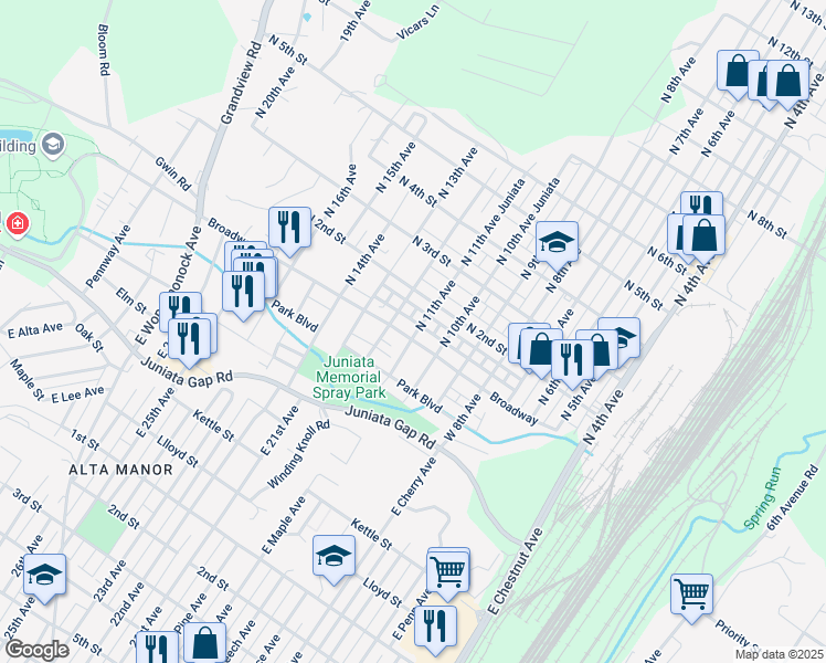 map of restaurants, bars, coffee shops, grocery stores, and more near 1100 Broadway in Altoona