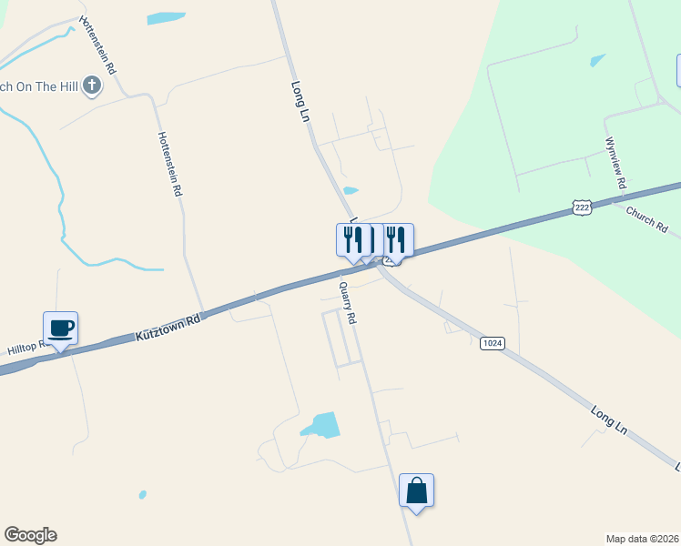 map of restaurants, bars, coffee shops, grocery stores, and more near 15482 Kutztown Road in Kutztown