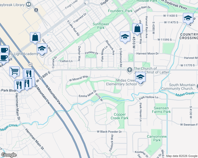 map of restaurants, bars, coffee shops, grocery stores, and more near 4753 Copper Mine Drive in Herriman