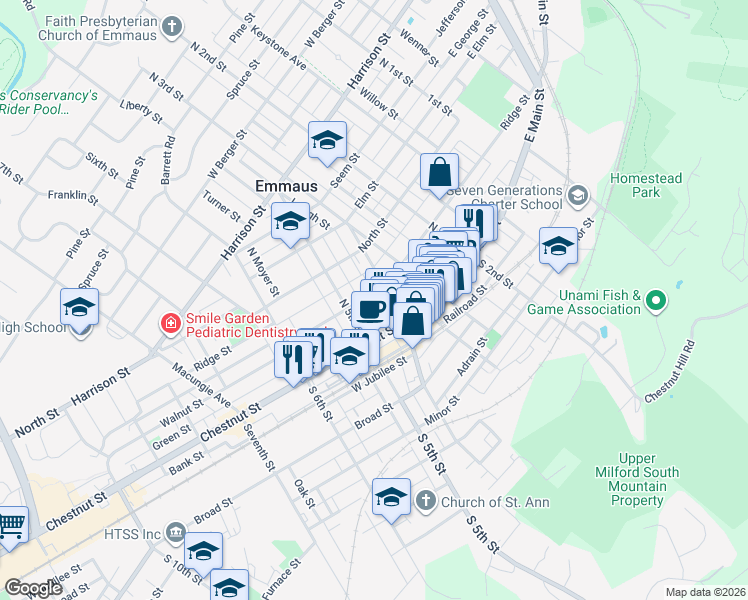 map of restaurants, bars, coffee shops, grocery stores, and more near 423 Ridge Street in Emmaus