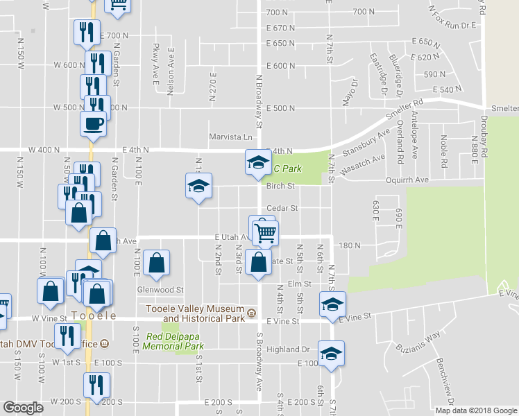 map of restaurants, bars, coffee shops, grocery stores, and more near 364 Cedar Street in Tooele