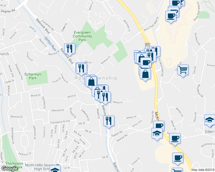 map of restaurants, bars, coffee shops, grocery stores, and more near 3348 Evergreen Road in Pittsburgh