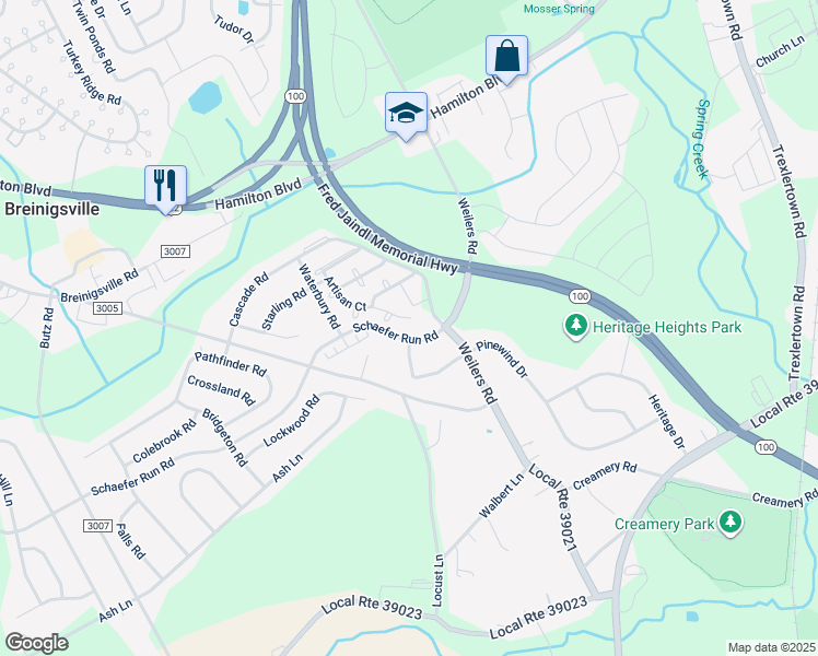 map of restaurants, bars, coffee shops, grocery stores, and more near 1400 Artisan Court in Breinigsville