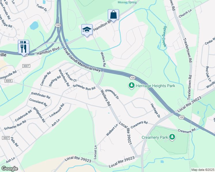 map of restaurants, bars, coffee shops, grocery stores, and more near 1545 Pinewind Drive in Alburtis