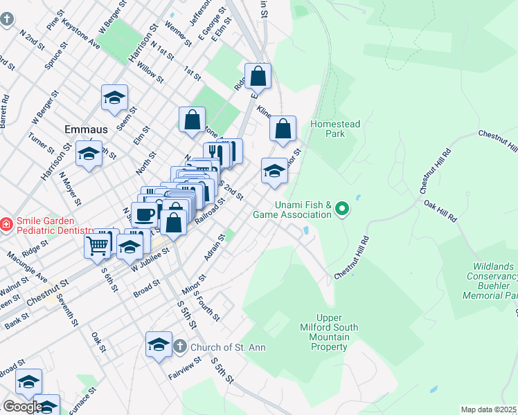 map of restaurants, bars, coffee shops, grocery stores, and more near 201 South 2nd Street in Emmaus