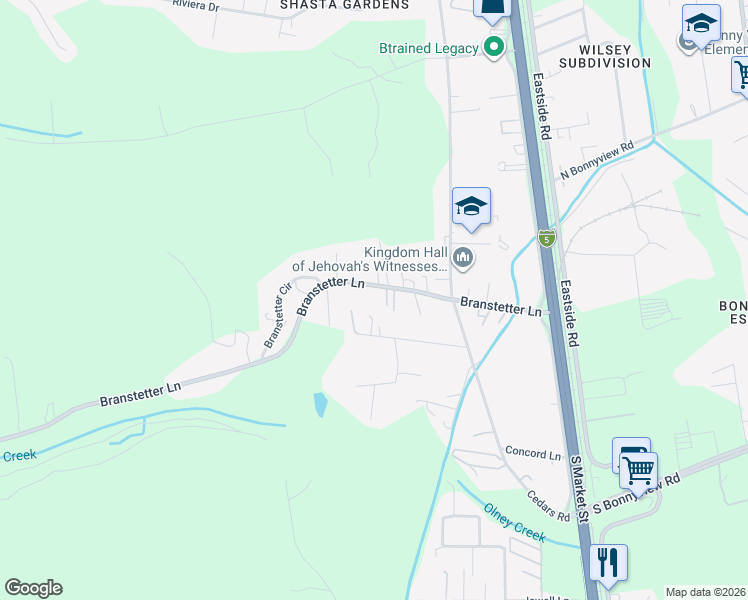 map of restaurants, bars, coffee shops, grocery stores, and more near 1891 Branstetter Lane in Redding