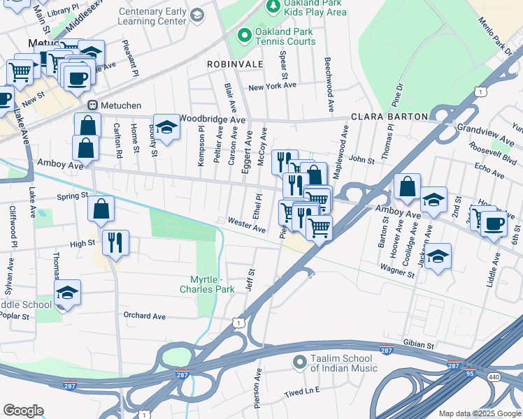 map of restaurants, bars, coffee shops, grocery stores, and more near 29 Ethel Place in Metuchen