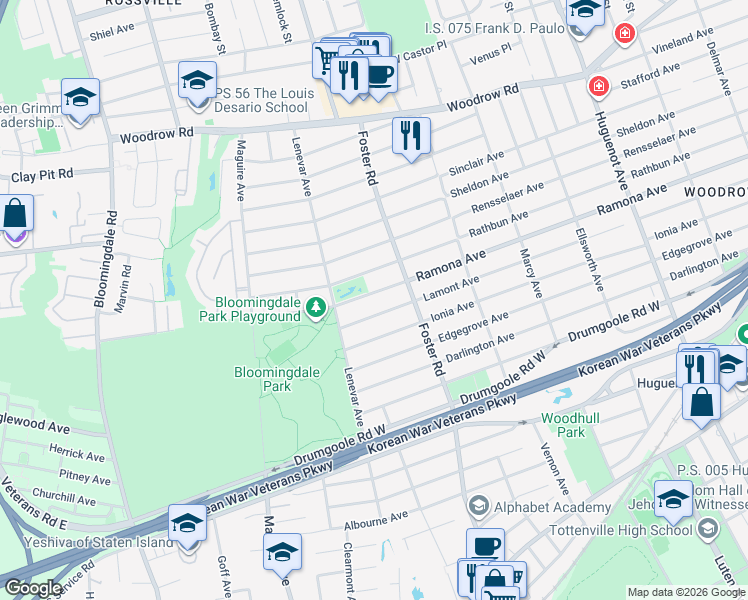 map of restaurants, bars, coffee shops, grocery stores, and more near 620 Ramona Avenue in Staten Island