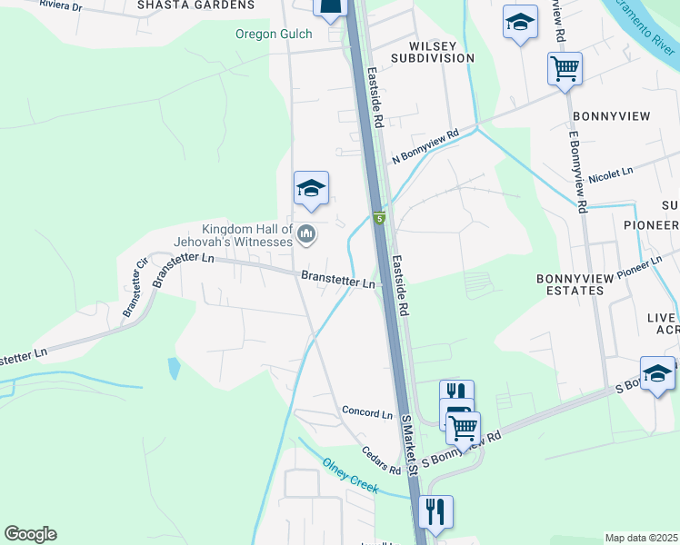 map of restaurants, bars, coffee shops, grocery stores, and more near 2190 Branstetter Lane in Redding