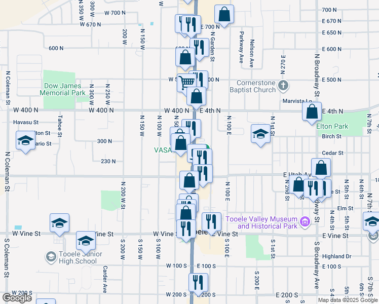 map of restaurants, bars, coffee shops, grocery stores, and more near 271 North Main Street in Tooele