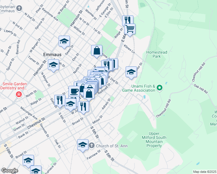 map of restaurants, bars, coffee shops, grocery stores, and more near 238 Railroad Street in Emmaus