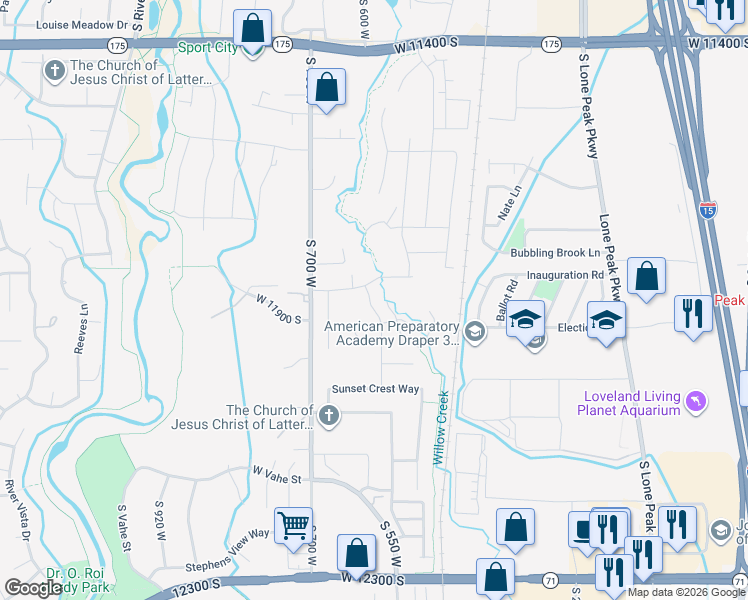 map of restaurants, bars, coffee shops, grocery stores, and more near 11849 South Ridge Oak Lane in Draper