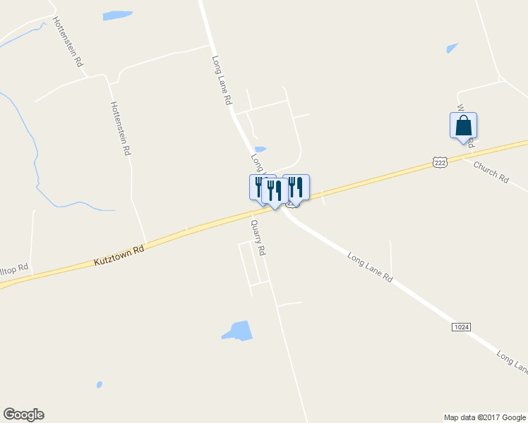 map of restaurants, bars, coffee shops, grocery stores, and more near 15482 Kutztown Rd in Kutztown