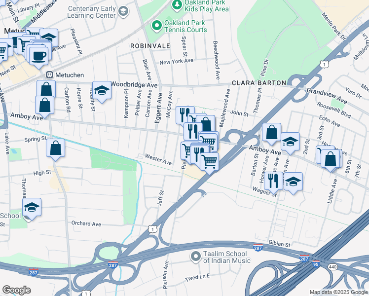 map of restaurants, bars, coffee shops, grocery stores, and more near 34 Goodwill Place in Metuchen