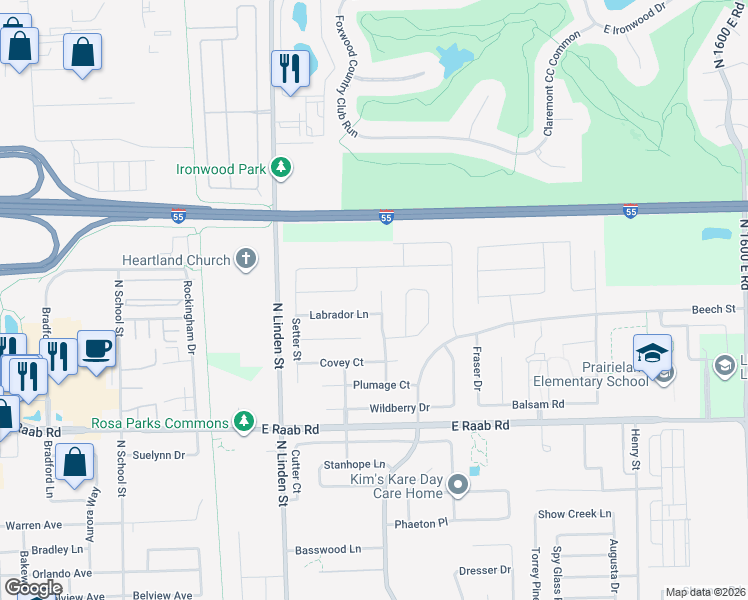 map of restaurants, bars, coffee shops, grocery stores, and more near 1812 Partridge Point in Normal