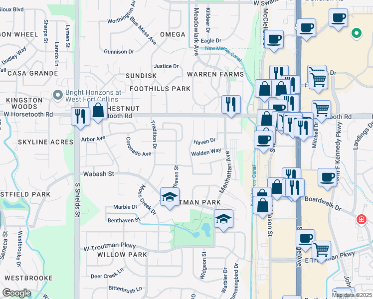 map of restaurants, bars, coffee shops, grocery stores, and more near 3725 Rockaway Street in Fort Collins