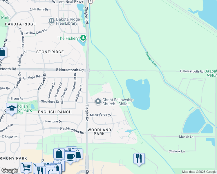 map of restaurants, bars, coffee shops, grocery stores, and more near 3676 Ziegler Road in Fort Collins